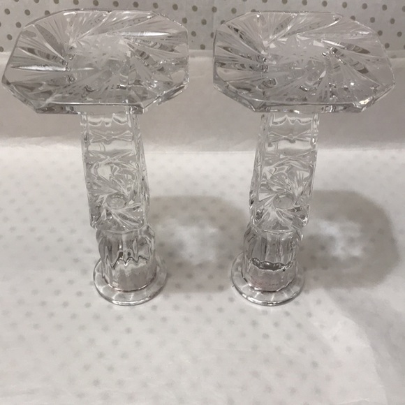 Vintage Pair of Crystal Cut Candlestick Holders Red Christmas Candle Sticks - Picture 6 of 7